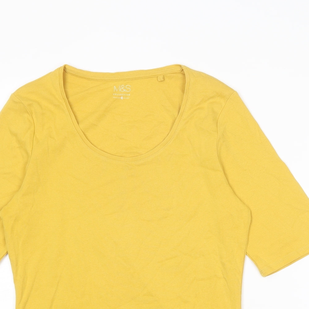 Marks and Spencer Womens Yellow Cotton Basic T-Shirt Size 16 Scoop Neck