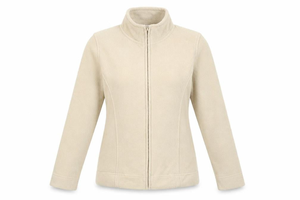 Front view of EWM women’s beige jacket, size UK 10, zip -, size UK 10-12