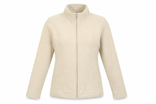Front view of EWM women’s beige jacket, size UK 10, zip -, size UK 10-12