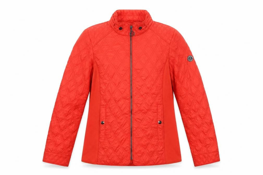 Front view of Norman women’s red quilted jacket, size UK 10, zip