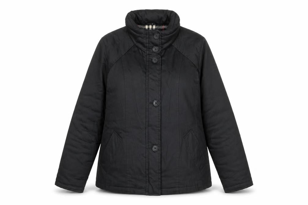 Front view of Milo women’s black jacket, size UK 12, snap