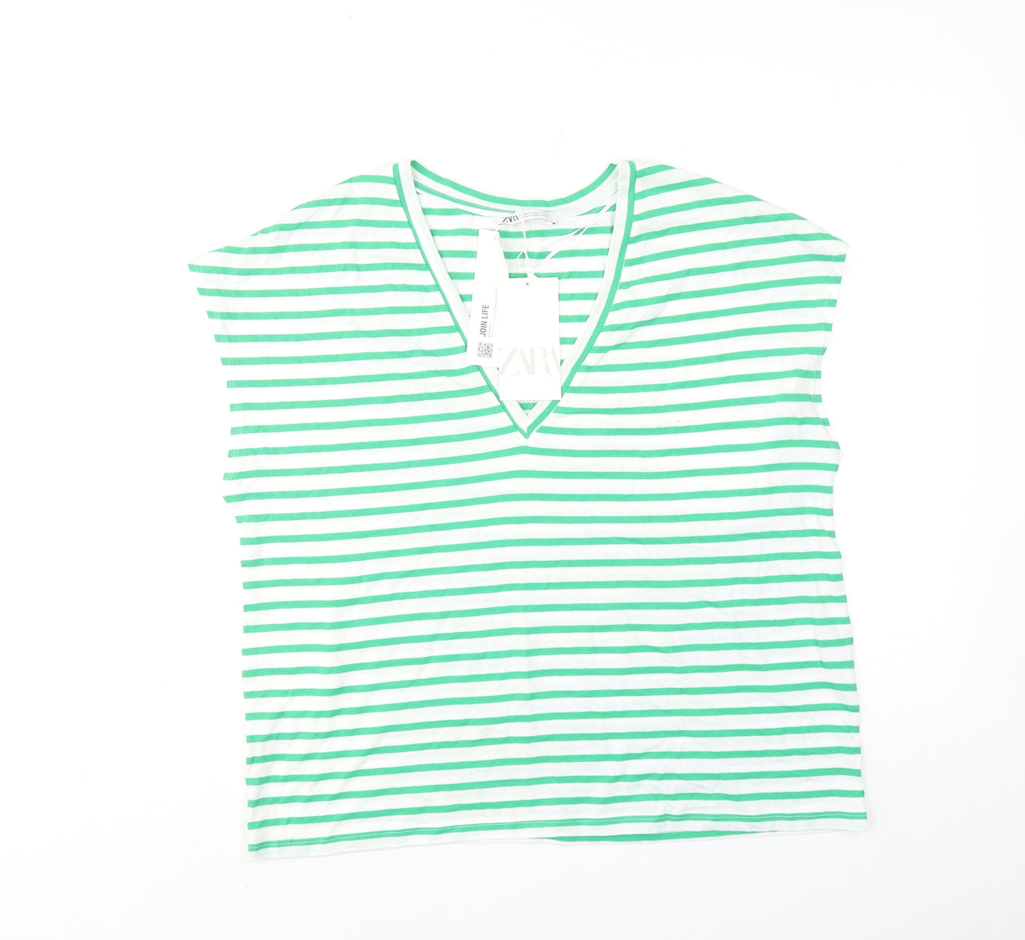 Zara Womens Green Striped Cotton Basic Blouse Size M V-Neck