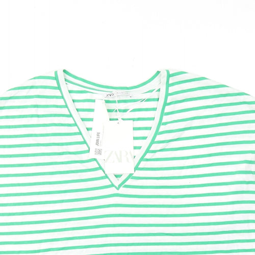 Zara Womens Green Striped Cotton Basic Blouse Size M V-Neck