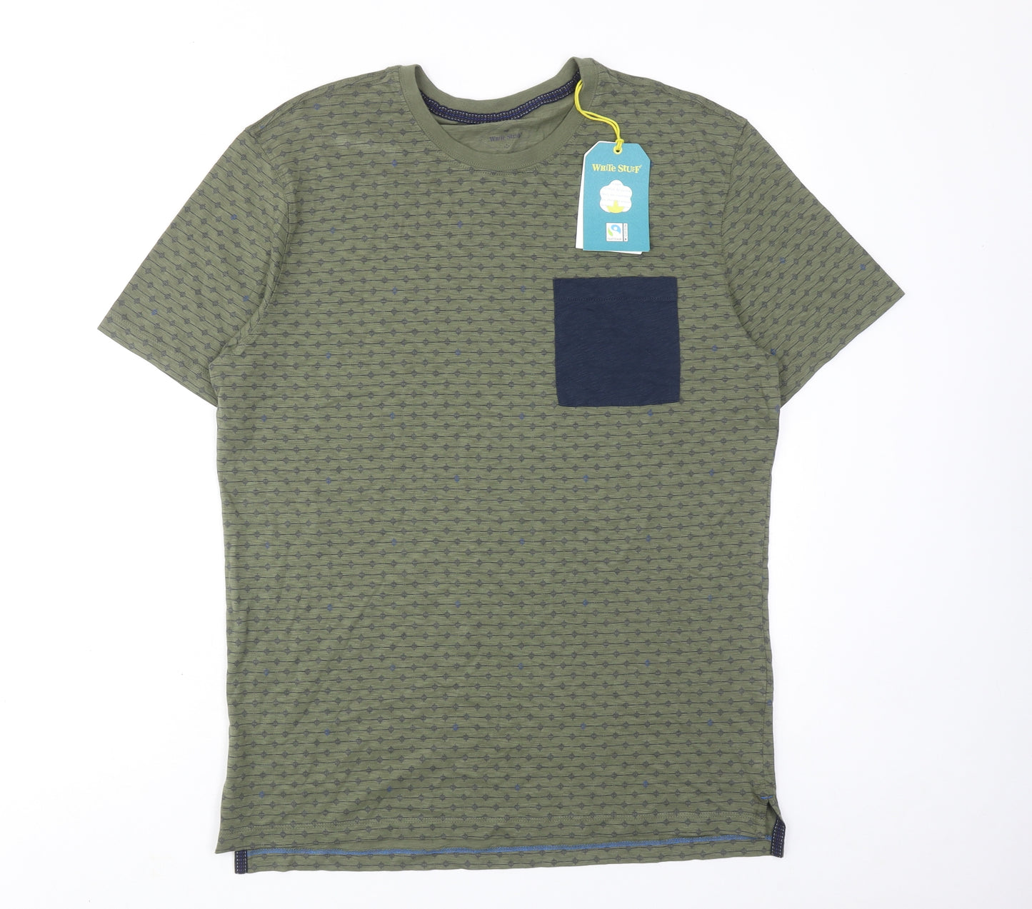 White Stuff Mens Green Geometric Cotton T-Shirt Size M Round Neck