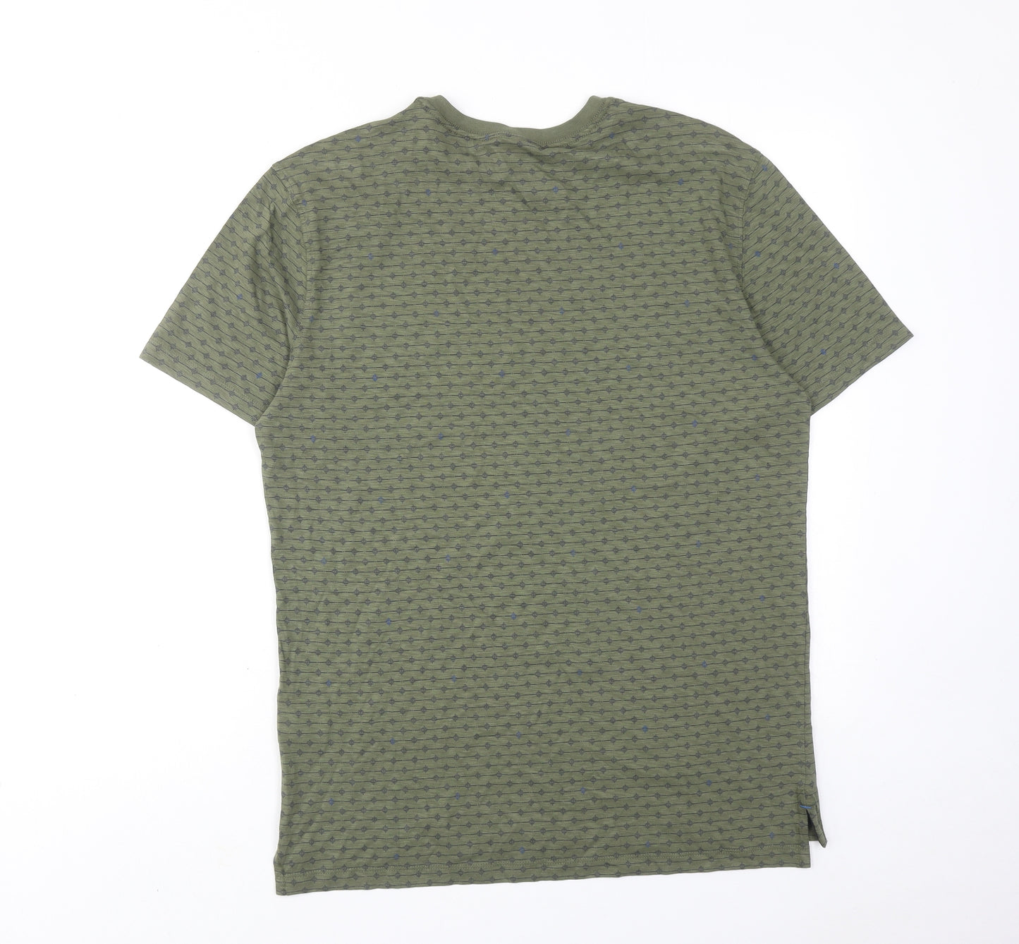 White Stuff Mens Green Geometric Cotton T-Shirt Size M Round Neck