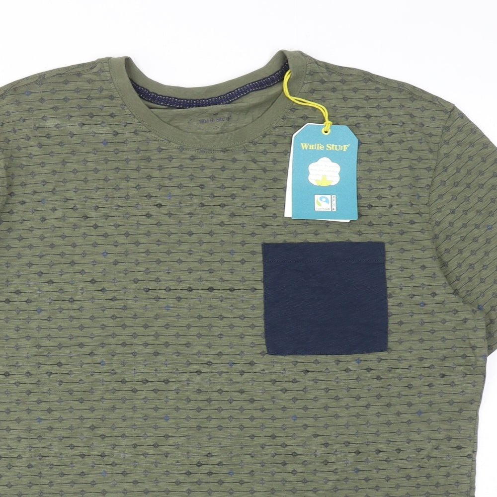 White Stuff Mens Green Geometric Cotton T-Shirt Size M Round Neck