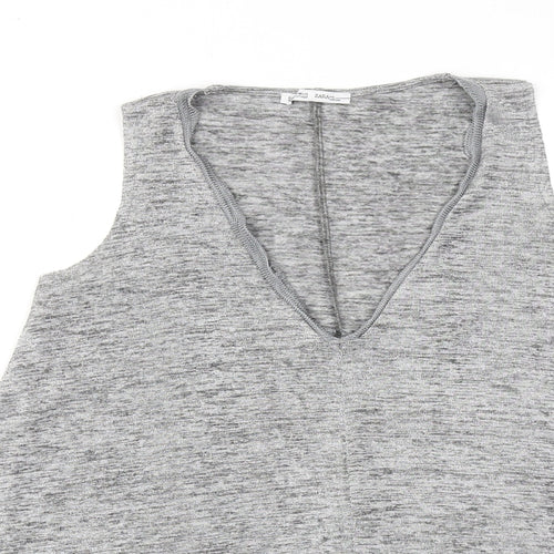 Zara Womens Grey Geometric Polyester Basic Tank Size S V-Neck