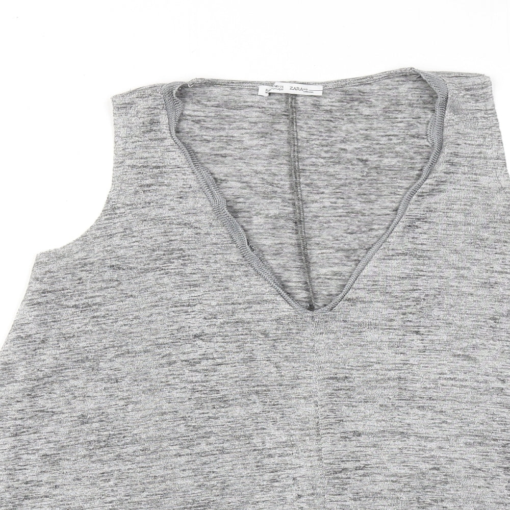 Zara Womens Grey Geometric Polyester Basic Tank Size S V-Neck