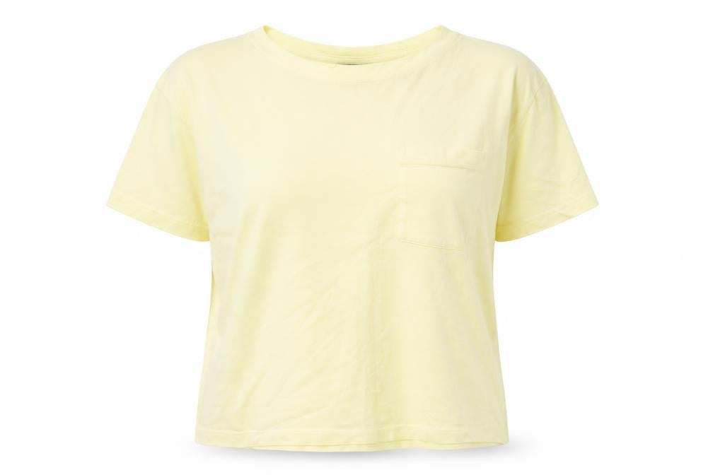 Front view of New Look women’s yellow cotton basic t-shirt, size UK 8, boat neck