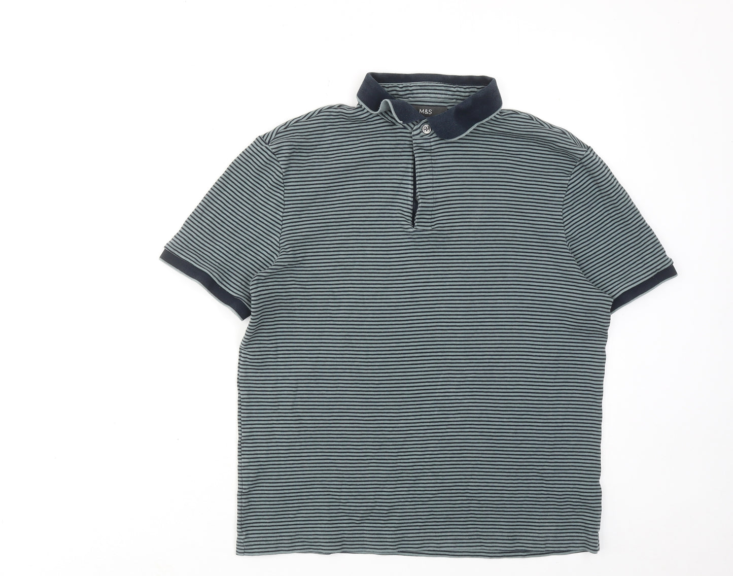 Marks and Spencer Mens Green Striped Cotton Polo Size M Collared Button
