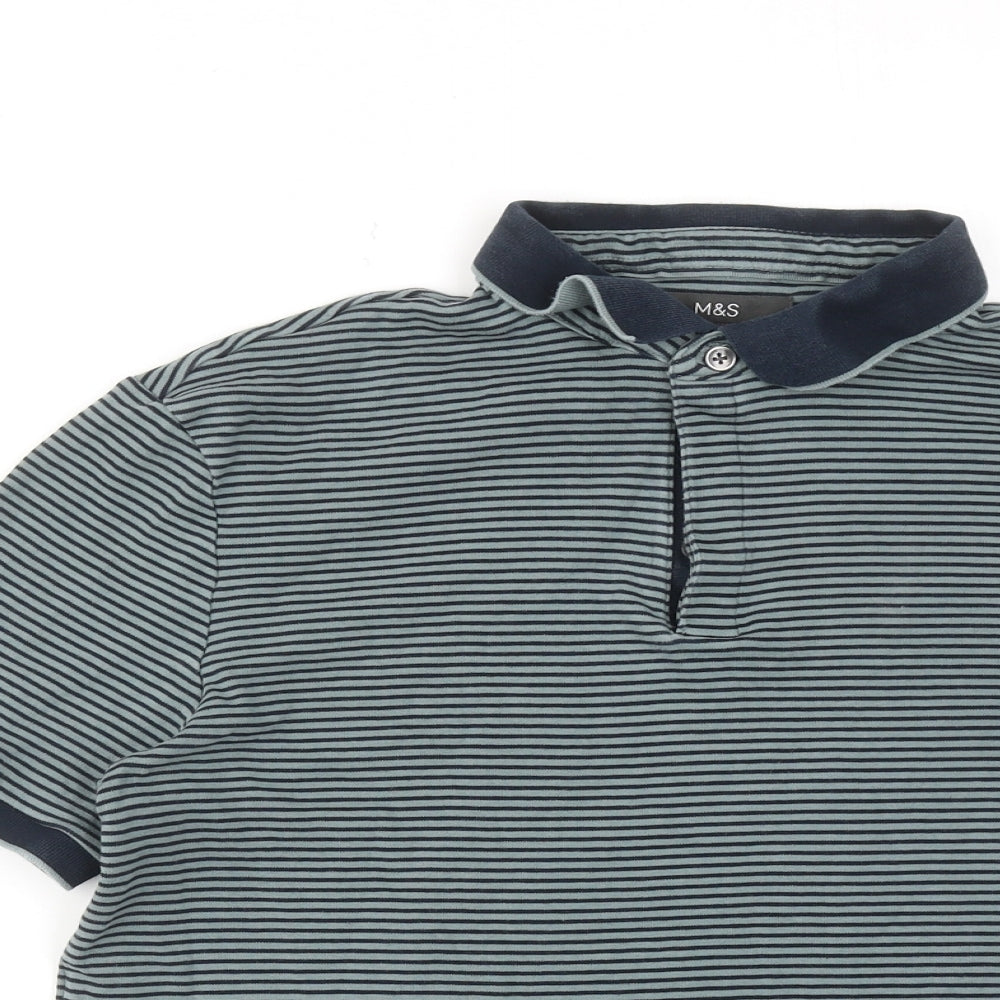 Marks and Spencer Mens Green Striped Cotton Polo Size M Collared Button