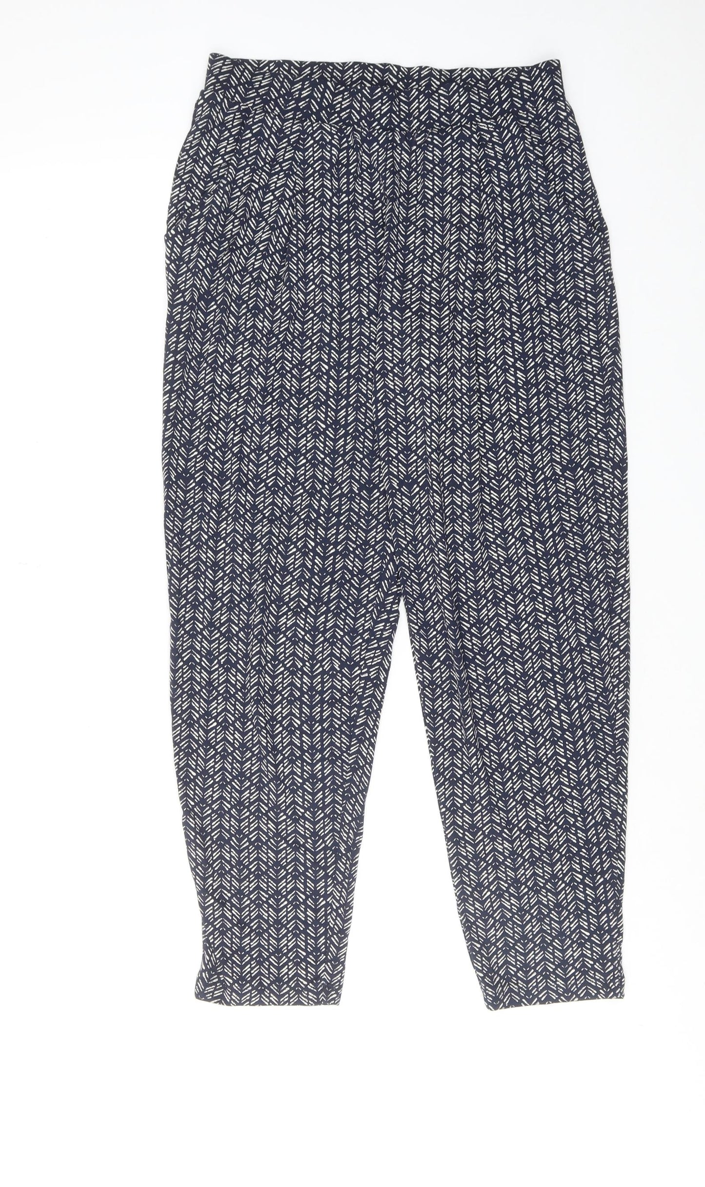 Marks and Spencer Womens Blue Geometric Viscose Trousers Size 8 Regular Zip
