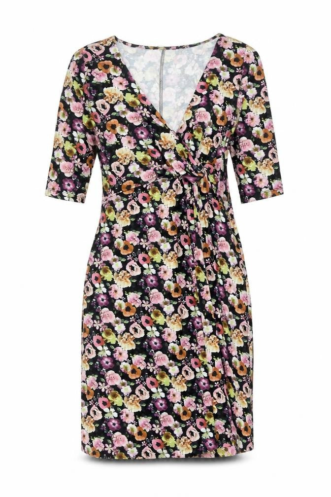 Front view of H&M women’s multicoloured floral viscose a-line, size S, v-neck pullover