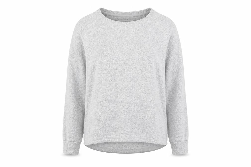 Front view of Karen Neuburger women’s grey polyester pullover sweatshirt, size S, pullover