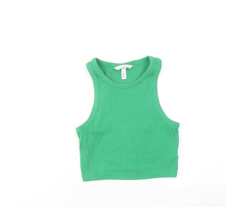 H&M Womens Green Cotton Cropped Tank Size XS Round Neck - Ribbed