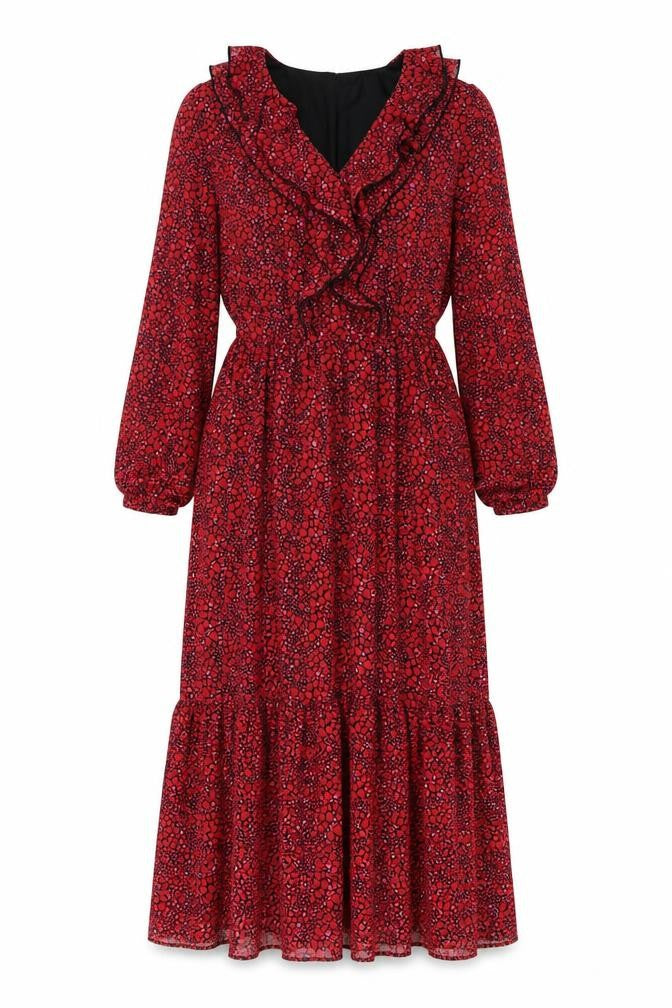 Front view of Savida women’s red geometric polyester maxi, size XS, v-neck pullover - heart pattern