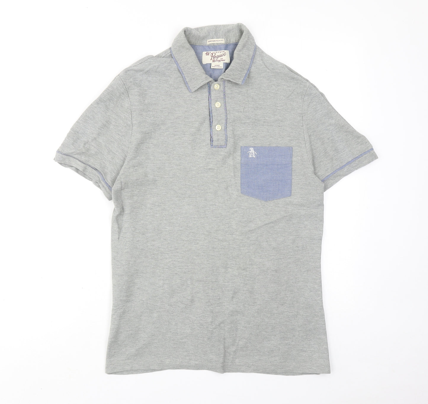 Penguin Mens Grey Cotton Polo Size S Collared Button
