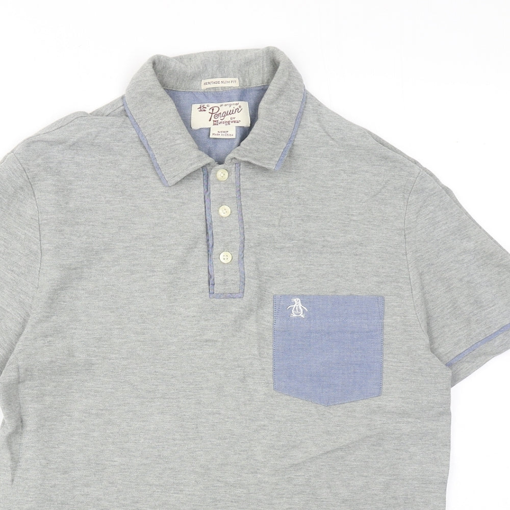 Penguin Mens Grey Cotton Polo Size S Collared Button