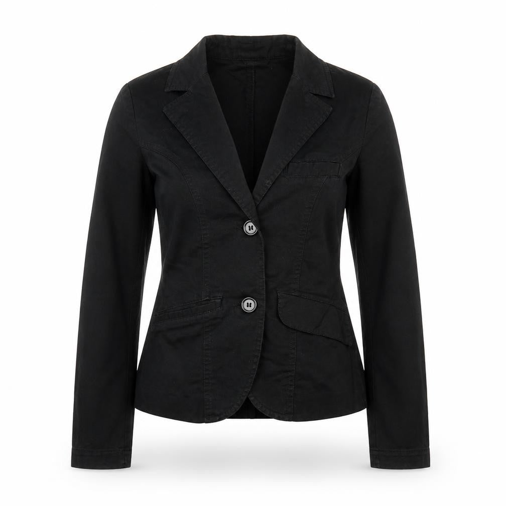 Front view of H&M women’s black jacket, size UK 6, button