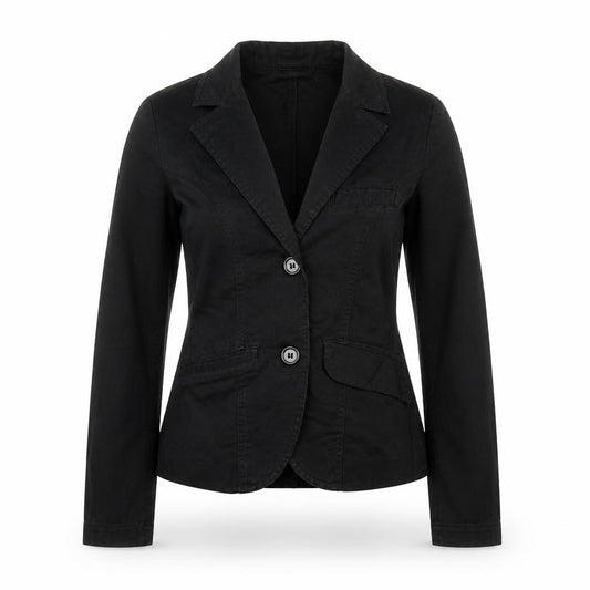 Front view of H&M women’s black jacket, size UK 6, button
