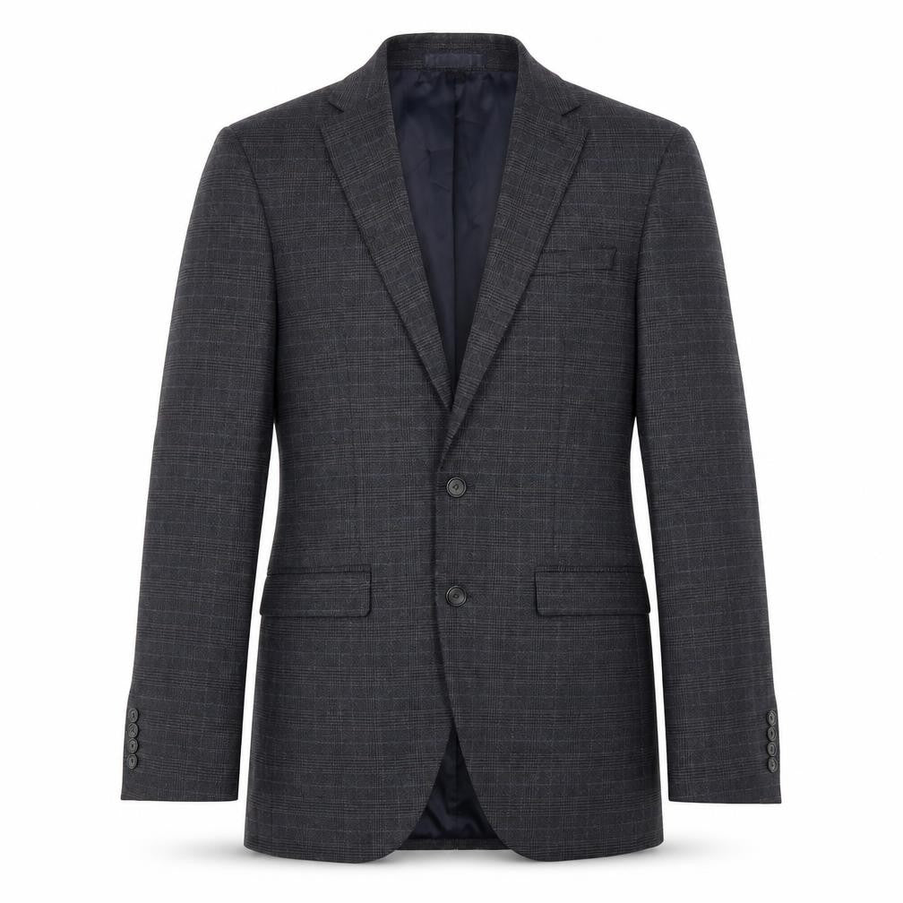 Front view of Marks & Spencer men’s blue plaid polyester jacket suit jacket, size 36, regular