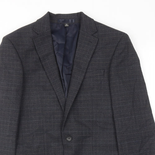Marks and Spencer Mens Blue Plaid Polyester Jacket Suit Jacket Size 36 Regular
