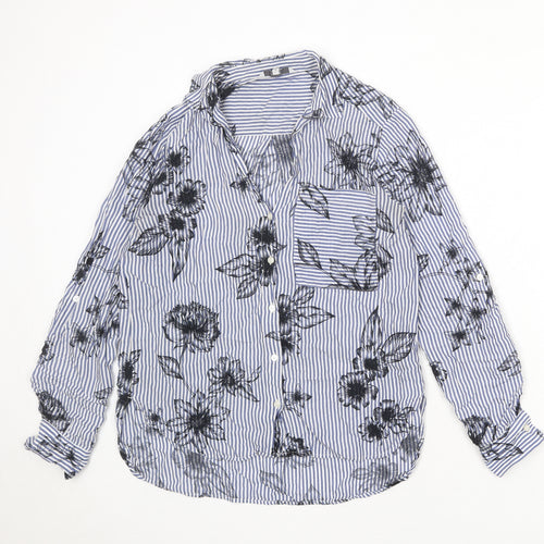 NEXT Womens Blue Striped Viscose Basic Button-Up Size 8 Collared - Flowers
