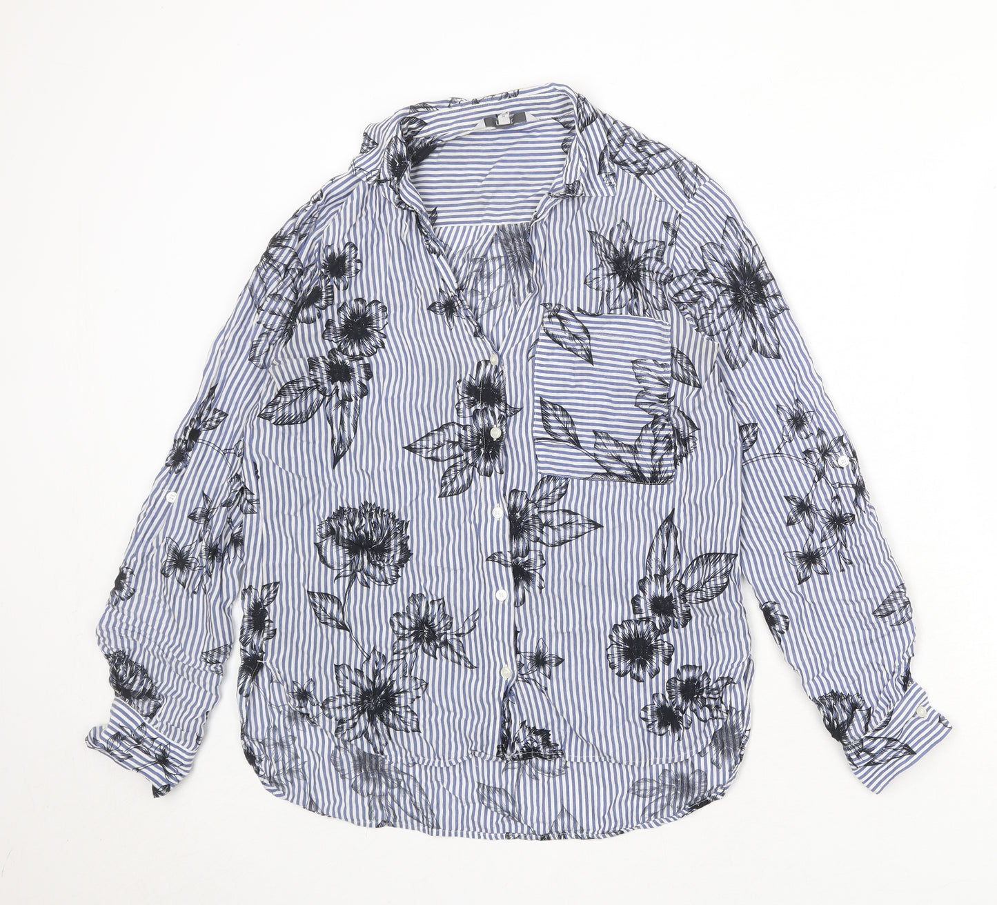 NEXT Womens Blue Striped Viscose Basic Button-Up Size 8 Collared - Flowers