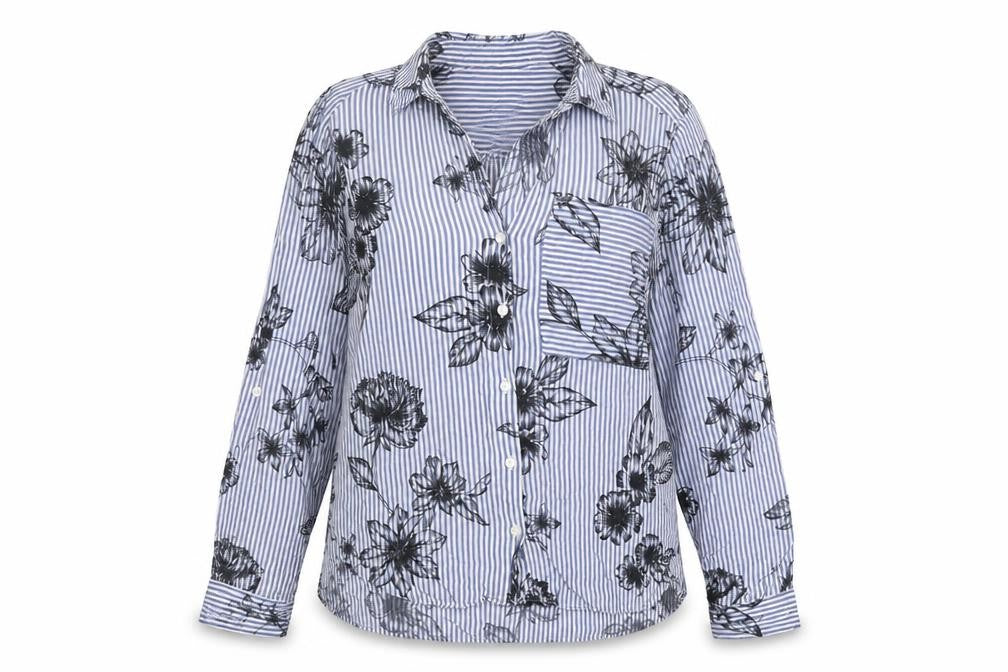 Front view of Next women’s blue striped viscose basic button-up, size UK 8, collared - flowers