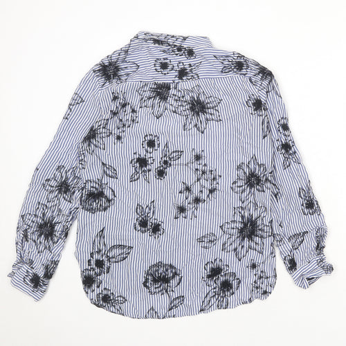 NEXT Womens Blue Striped Viscose Basic Button-Up Size 8 Collared - Flowers