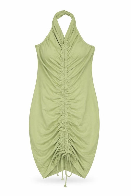 Front view of PRETTYLITTLETHING women’s green cotton bodycon, size UK 12, halter button
