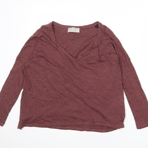 Zara Womens Pink Striped 100% Cotton Basic Blouse Size S V-Neck