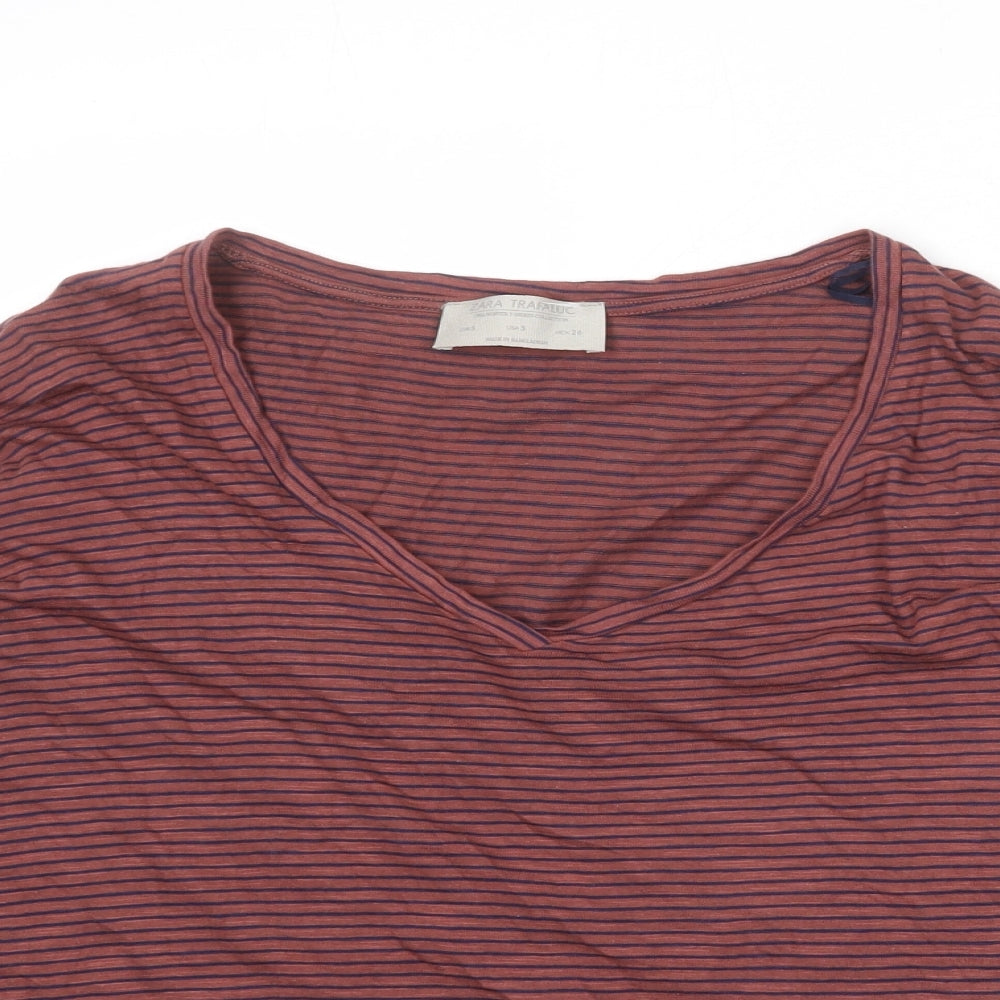 Zara Womens Pink Striped 100% Cotton Basic Blouse Size S V-Neck