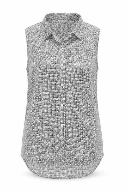 Front view of H&M women’s multicoloured geometric polyester basic button-up, size UK 8, collared