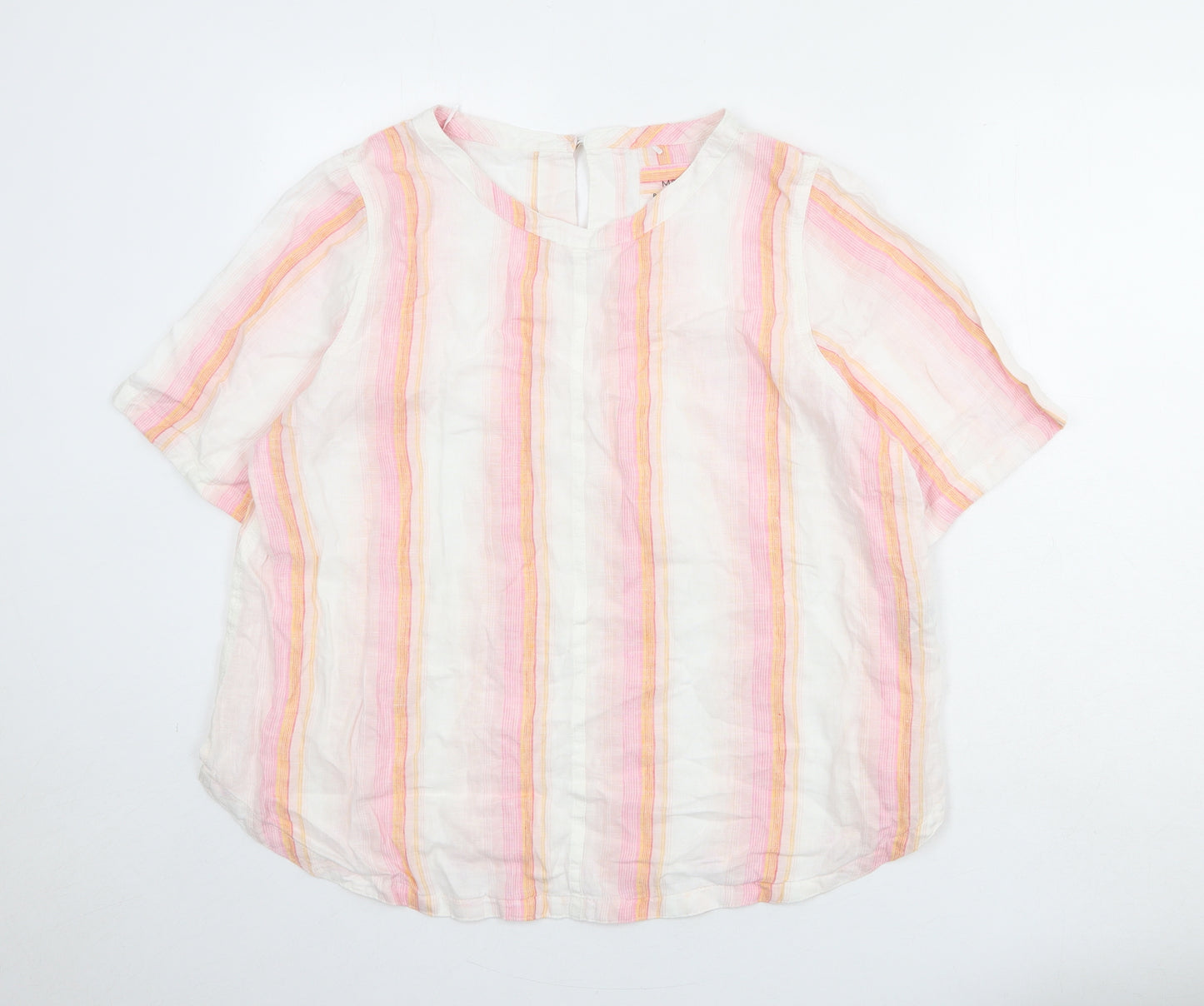Marks and Spencer Womens Multicoloured Striped Linen Basic Blouse Size 18 Round Neck
