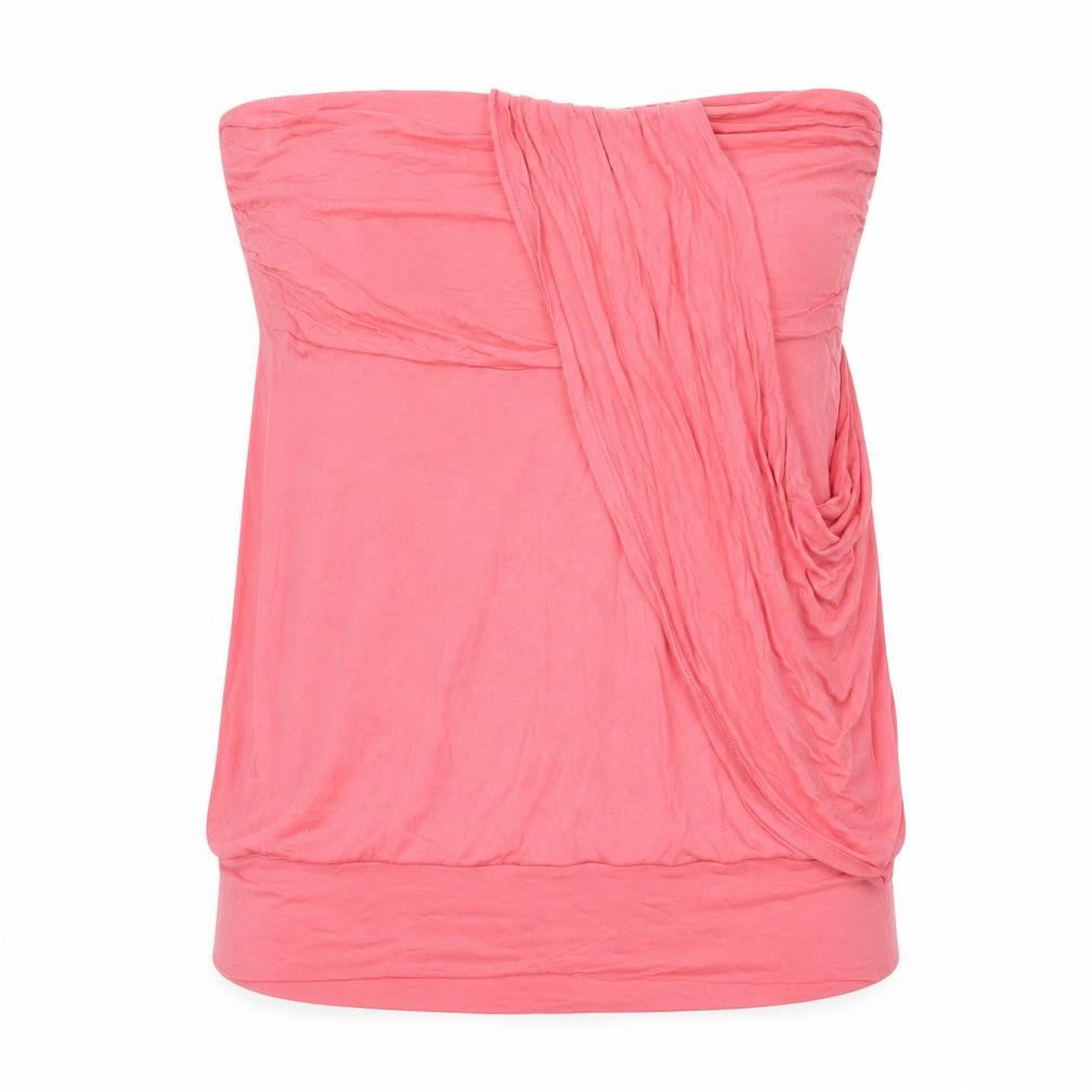 Front view of Warehouse women’s pink viscose basic blouse, size UK 16, square neck - draped detail strapless