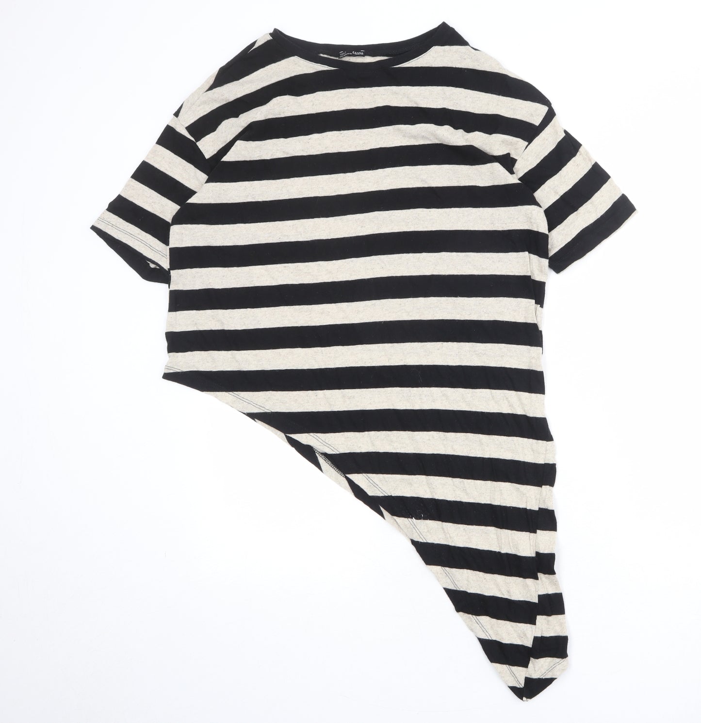 Zara Womens Black Striped Polyester Basic T-Shirt Size M Boat Neck - Asymmetric