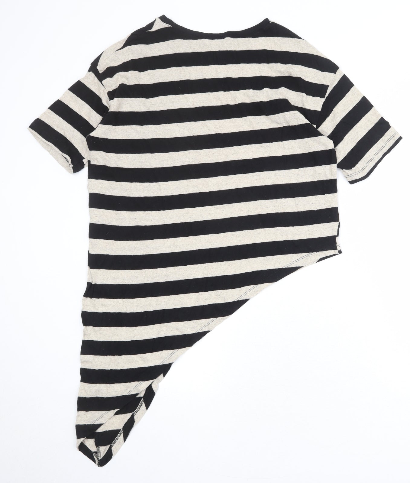 Zara Womens Black Striped Polyester Basic T-Shirt Size M Boat Neck - Asymmetric