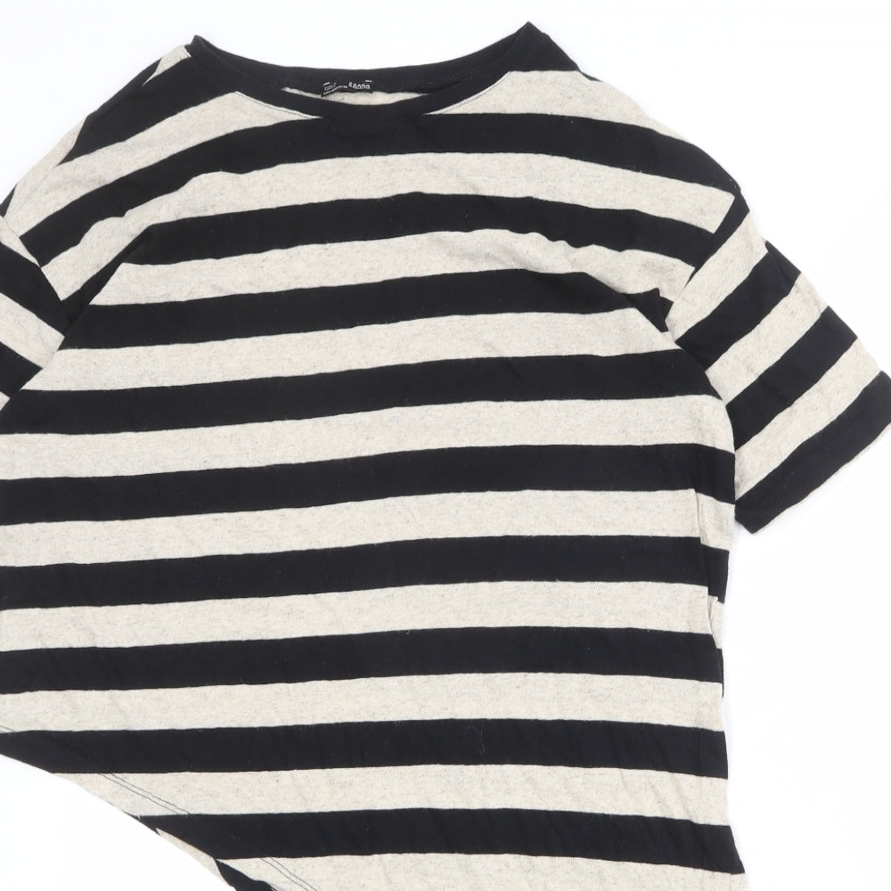 Zara Womens Black Striped Polyester Basic T-Shirt Size M Boat Neck - Asymmetric