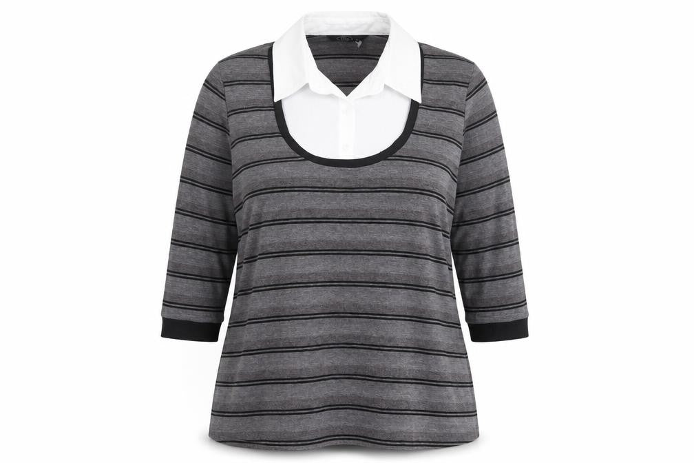 Front view of Bonmarché women’s grey collared striped polyester jumper, size UK 16
