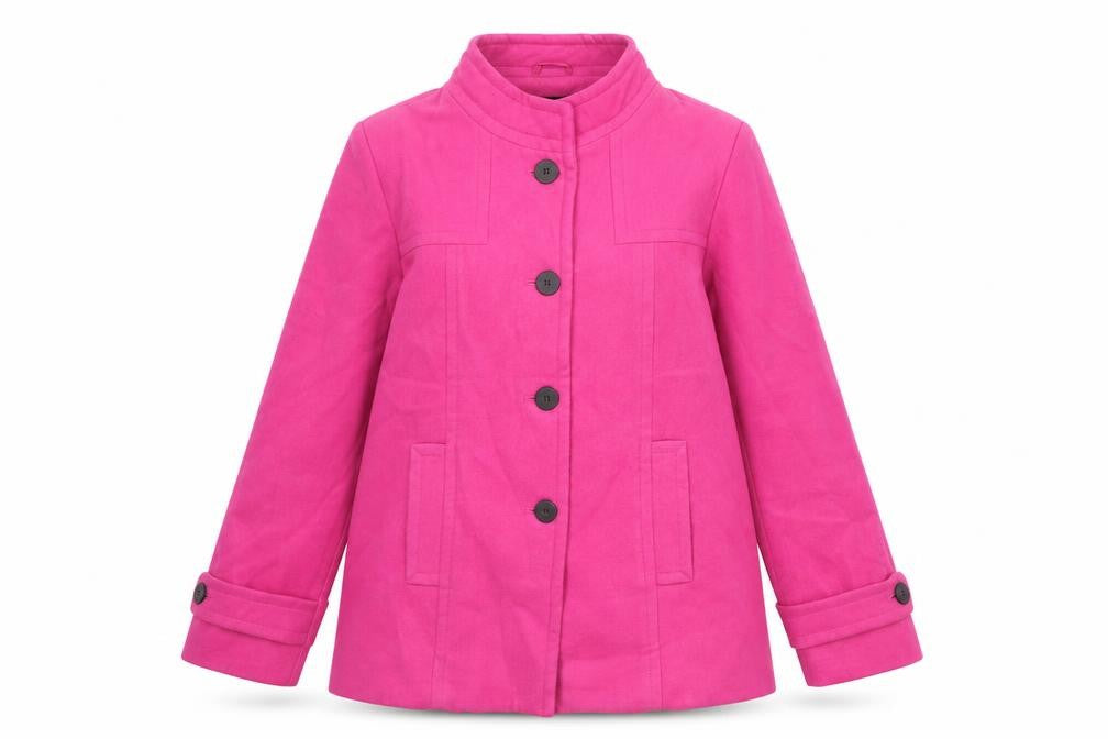 Front view of Wardrobe women’s pink pea coat coat, size UK 14, button