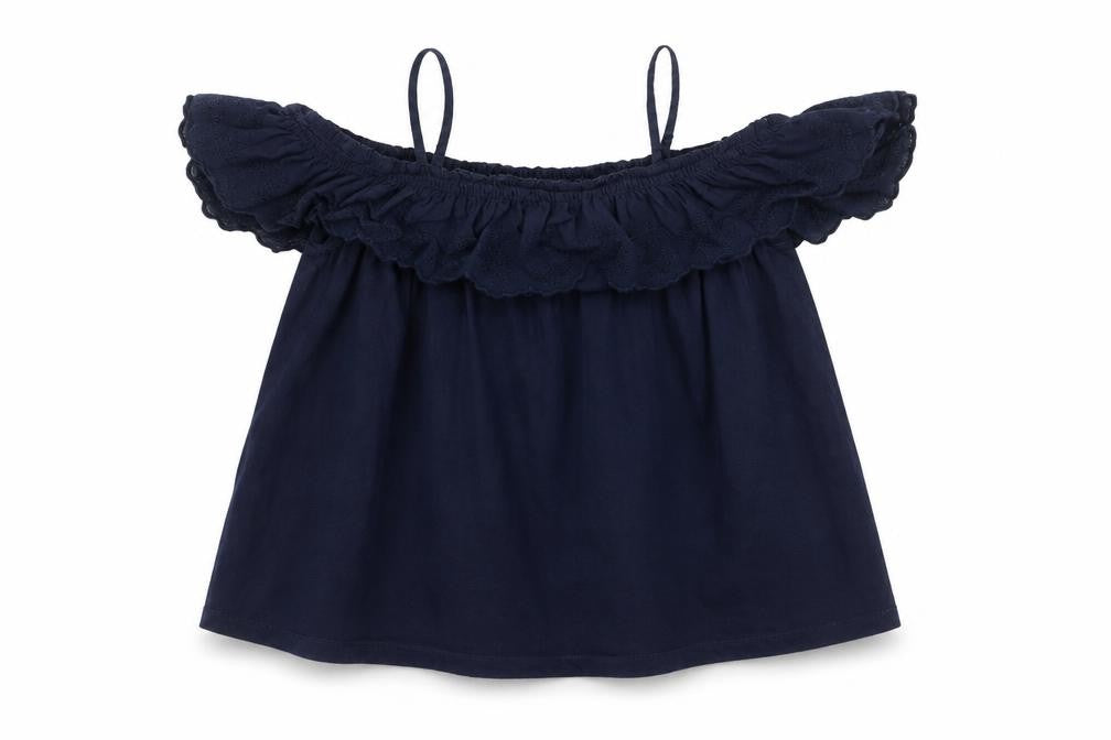 Front view of Gap girls’ blue 100% cotton basic blouse, size L, square neck pullover - cold shoulder