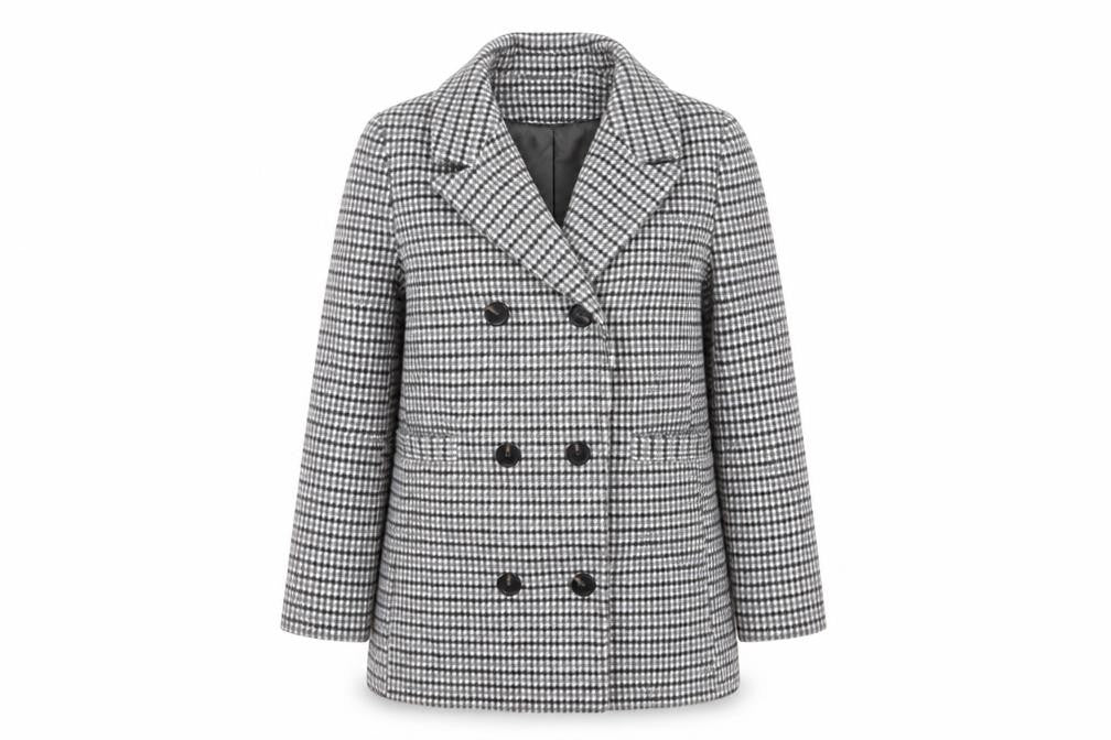 Front view of Marks & Spencer women’s grey geometric jacket blazer, size UK 14, button