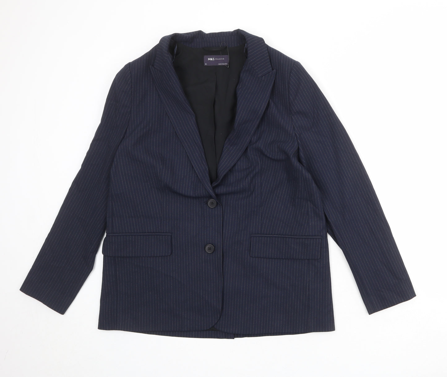 Marks and Spencer Womens Blue Pinstripe Polyester Jacket Suit Jacket Size 14