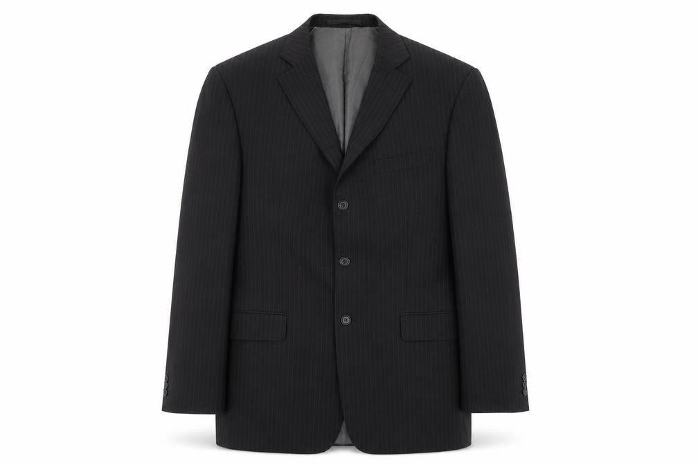 Front view of Marks & Spencer men’s black striped polyester jacket suit jacket, size 42, regular