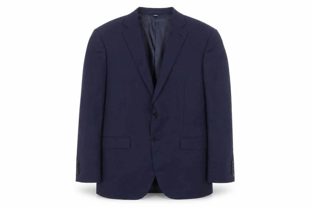 Front view of Marks & Spencer men’s blue polyester jacket suit jacket, size 44, regular