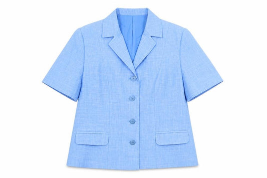 Front view of BHS women’s blue polyester jacket suit top, size UK 16