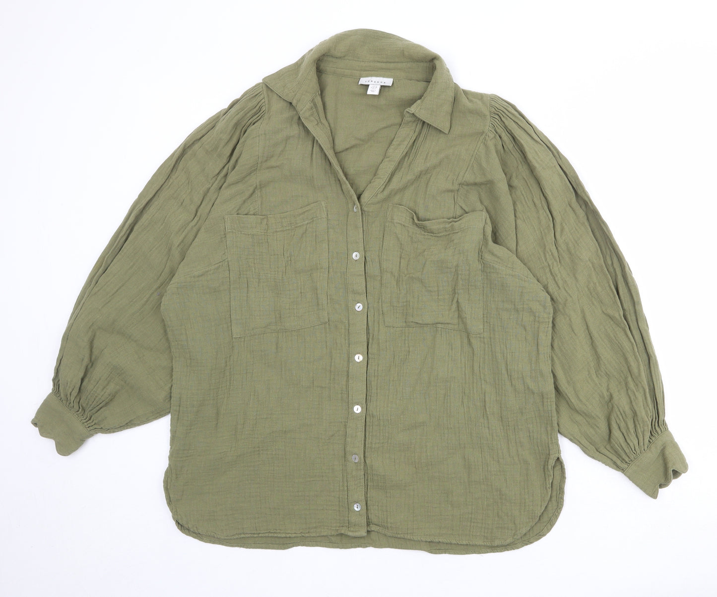 Topshop Womens Green 100% Cotton Basic Button-Up Size 10 Collared