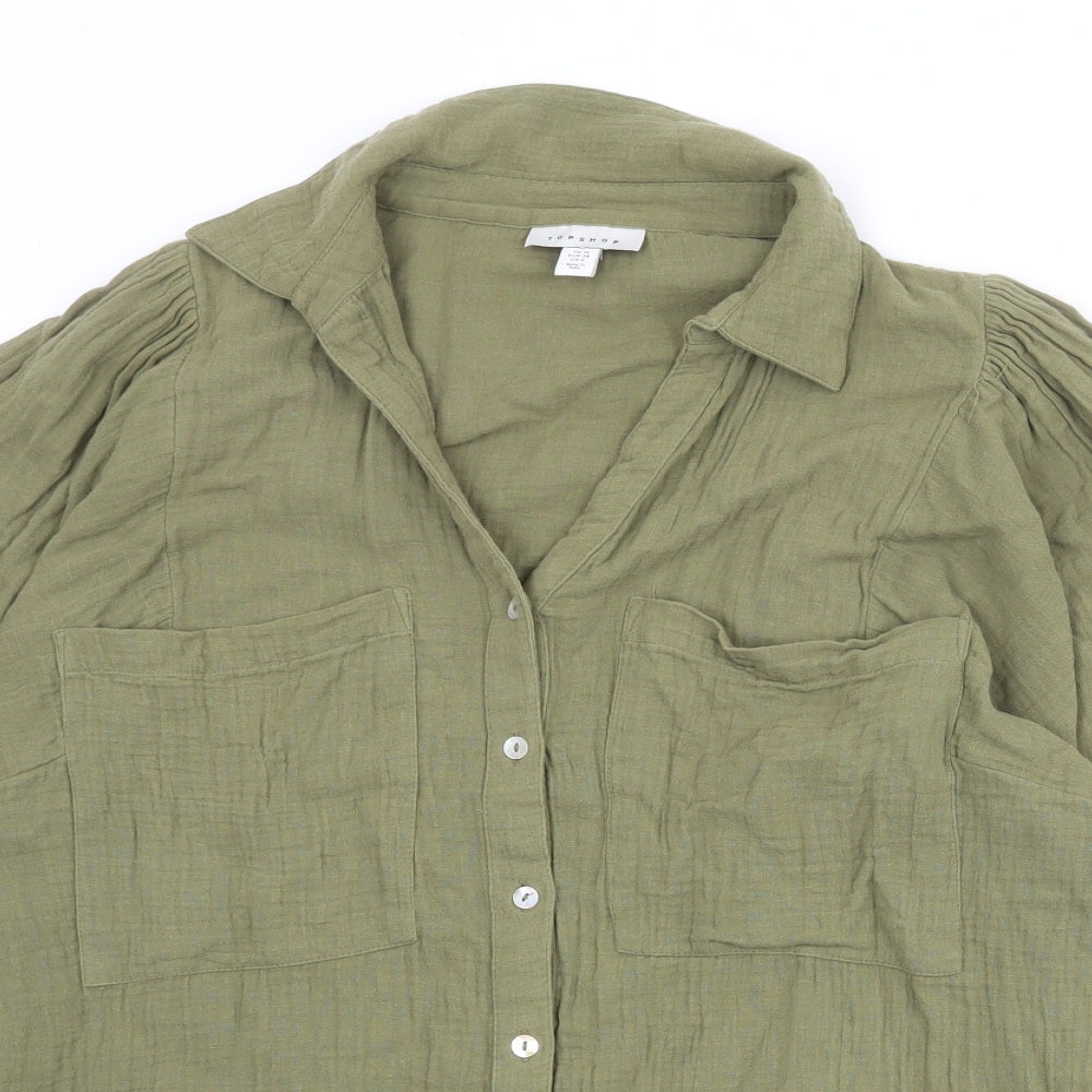Topshop Womens Green 100% Cotton Basic Button-Up Size 10 Collared