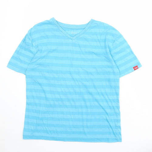 Lee Cooper Boys Blue Striped Cotton Basic T-Shirt Size 13 Years V-Neck Pullover